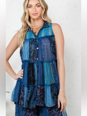 Blue Sleeveless Patchwork Blue Tiered Button Front Top